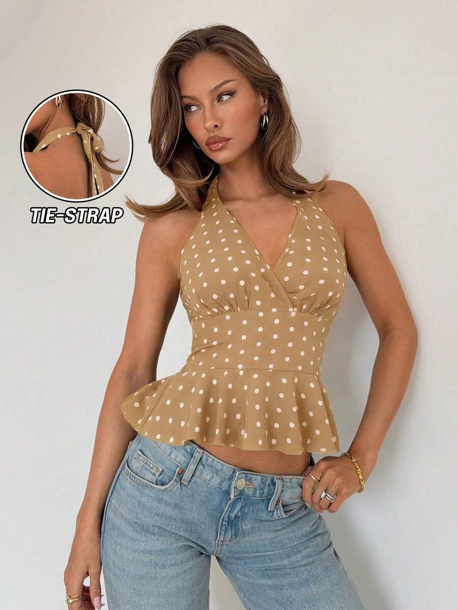 RiviMae Women's V-Neck Halter Ruffle Polka Dot Sleeveless Top, Suitable For Spring Music Festivals - Khaki - View 1