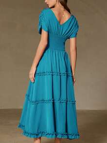 Aveloria Rosie Vestido elegante y romántico para mujer con volantes, mangas cortas, hombros caídos, cintura fruncida, falda acampanada y bajo con volantes, versátil para vacaciones - Azul - Ver 2