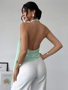 RiviMae Sexy Women's Semi-Sheer Spandex Knit Top, Gold Metal Ring, Asymmetric Ruffle Hem, Fashionable Sexy Vacation Blouse - Green - View 2