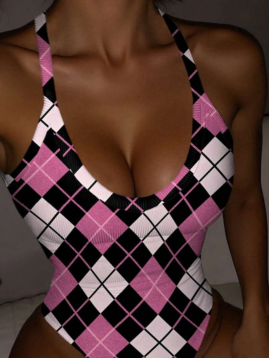 INAWLY Áo liền thân in họa tiết kẻ caro kỹ thuật số dành cho nữ - Nhiều màu - Xem 1