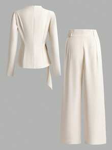 Selianne Conjunto de traje elegante con pliegues y lazos para mujer talla grande, adecuado para ir a la oficina, vacaciones y reuniones, otoño/invierno - Albaricoque - Ver 2