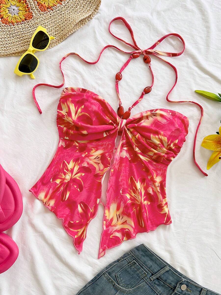 Soleia Women's Floral Print Halter Neck Backless Casual Tank Top - Hot Pink - View 1