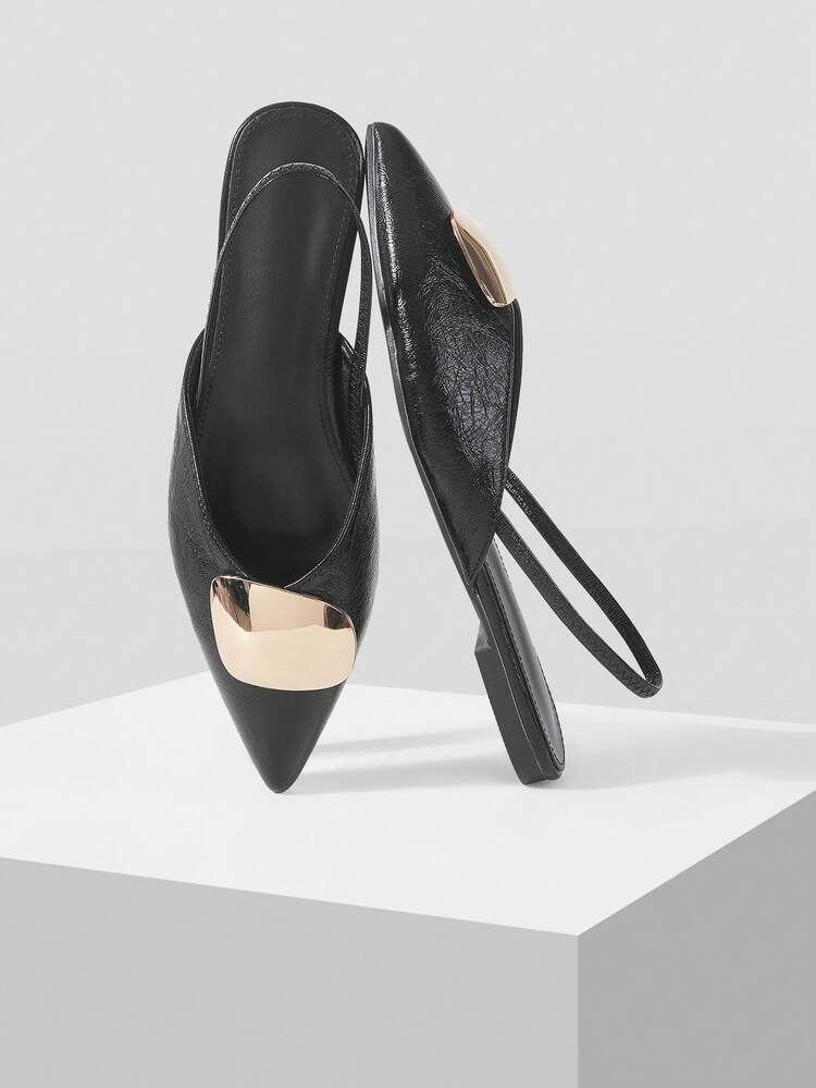 Mnmlis Zapatos de tacón fino con punta puntiaguda, de metal negro con hebilla, de temperamento francés, para mujeres, nueva colección primavera y verano 2026 - Negro - Añade 3