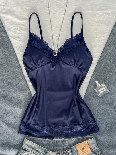 INAWLY Top de camisola ajustado con aplicaciones de encaje y volantes, versátil para citas y salidas