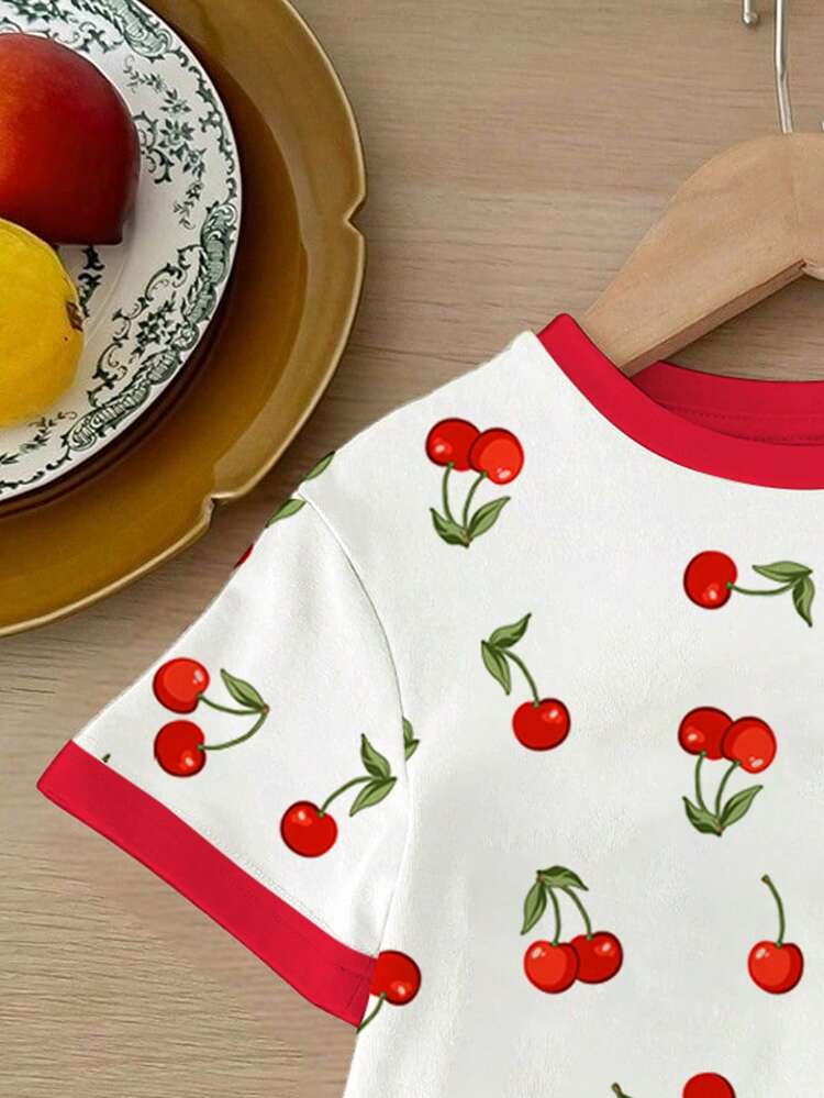 SHEIN 女婴樱桃印花圆领短袖T恤和短裤两件套，休闲简约风格，适合夏季，姐妹装，适合度假、聚会和日常穿着。 - 彩色 - 查看 4