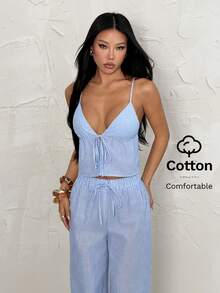 SHEIN PETITE Bộ đồ nữ dệt sọc kẻ, kiểu dáng thường ngày, thích hợp cho kỳ nghỉ xuân/hè. - Xanh và trắng - Xem 7