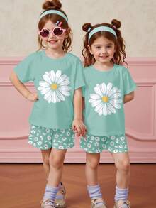 Tween Girl Mint Green Daisy Print Short Sleeve T-Shirt And Shorts 2-Piece Set,Cute Casual Summer Vacation Flower Outfits,Boho Minimalist Spring Set - Multicolor - View 4
