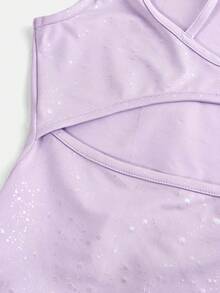 SHEIN Tween Girls' Casual Sports Gymnastics Yoga Shiny Elegant High Stretch Foil Knit Backless Unitard, Purple - Purple - View 4
