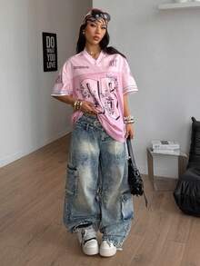 Coolane 女士夏季节日复古街头运动服号码印花超大棒球衫T恤 - 粉色 - 查看 5