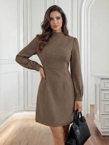 Miaspire Váy ngắn tay đèn lồng kẻ sọc thời trang đi làm dành cho nữ - Màu Khaki - Xem 4