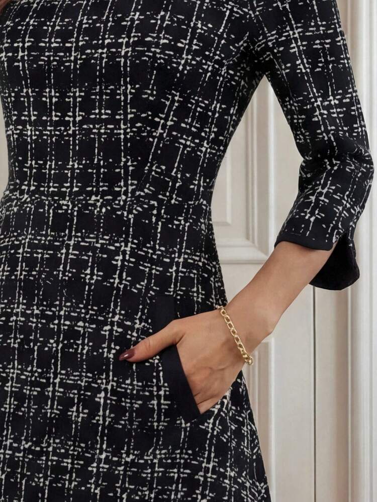 Women's Plaid Round Neck 3/4 Sleeve Elegant Midi Dress Christmas ,Christmas Dress   New Year Dress  Party Black Dress For Women Elegant Dresses For Women  Christmas Party Dress