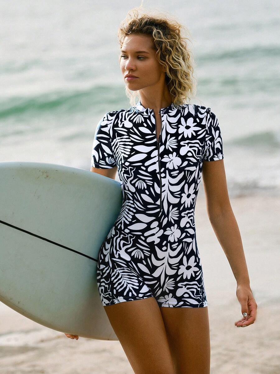 Swim SPRTY 女士花卉性感紧身运动连体泳衣，沙滩装 - 黑色 - 查看 1