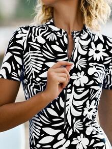 Swim SPRTY 女士花卉性感紧身运动连体泳衣，沙滩装 - 黑色 - 查看 6