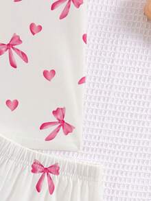 可爱蝴蝶结爱心印花休闲舒适短袖上衣和短裤两件套，适合夏季、Y2K、可爱、儿童日常时尚、儿童秋季时尚、秋季新款、Blossom Vogue、K-Pop、女孩套装、两件套、平价时尚、周末穿搭 - 彩色 - 查看 5