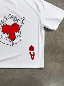 Manfinity ZONE917 Áo thun ngắn tay dáng rộng, màu trắng, họa tiết thêu hình trái tim và thiên thần trên tấm thiệp đỏ, thích hợp làm quà tặng cho bạn trai/bạn gái. - trắng - Xem 4