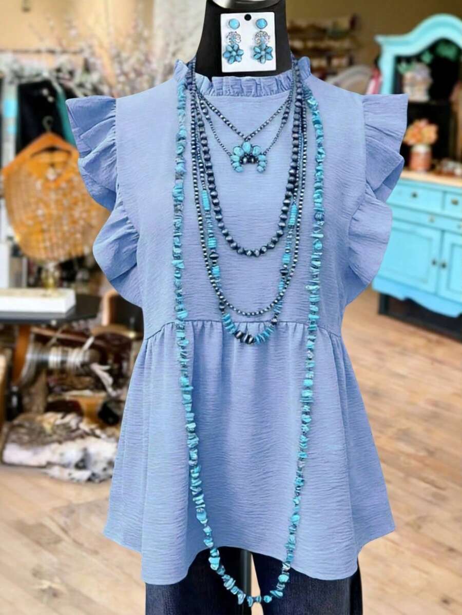 SHEIN LUNE CURVE Plus Size Women Elegant Blue Vacation Shirt Ruffle Sleeve Top Women Clothing - Blue - View 1
