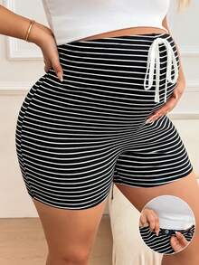 Plussiva 大码孕妇条纹系带短裤 - 黑與白 - 查看 1