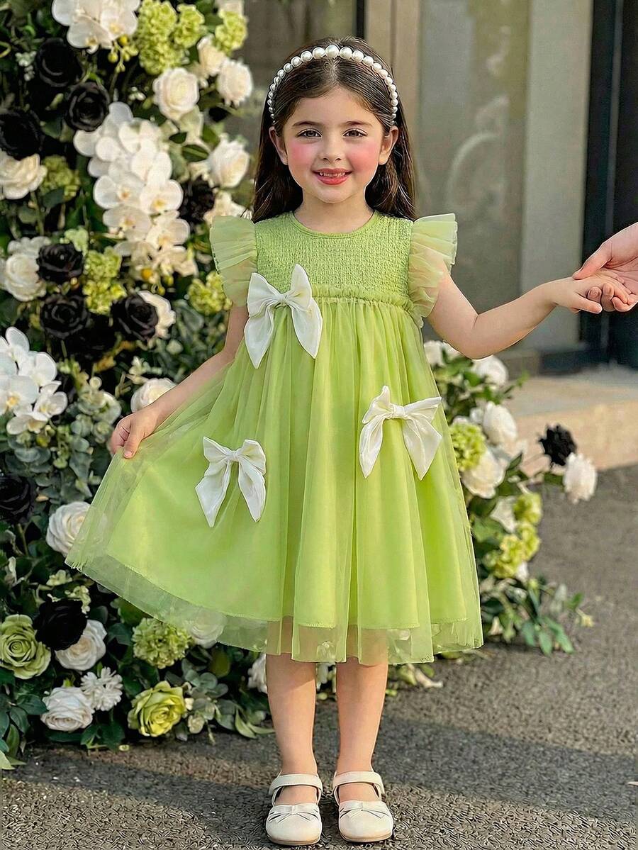 Elladie kids 夏季女童绿色网纱短袖连衣裙，饰有3个蝴蝶结，舒适网纱面料，适合各种场合、派对、活动