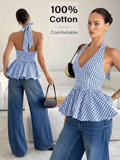 Siren Gaze Blusa de moda para fiesta con cuello halter, corbata y fruncido en el diseño