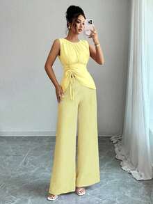 Elenzga 女式雪纺露背不对称抽绳下摆上衣 + 阔腿裤 2 件套 - 黃色 - 查看 7
