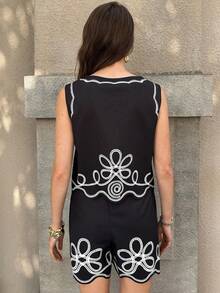 Solivie 女士舒适刺绣套装，优雅适合度假、外出和派对，春夏皆宜 - 黑色 - 查看 2