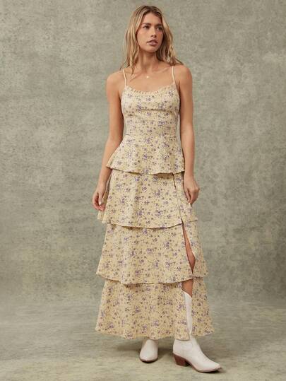 WESTFADE Back Lace Up Sleeveless Drop Waist Tiered Ruffle Maxi Dress With Slit Spring, Summer, Resort Wear, Festival, Cute, Boho, Vacation, Beach, Nashville, Rodeo, Country Concert Outfit, Cowgirl, Western Wear