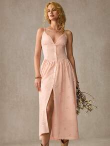 WESTFADE Gemischtes Blumen Lochstickerei V-Ausschnitt Knopfleiste ärmellos Taillenzug Smock Rücken Passform & Flare Midi Kleid Frühling, Sommer, Resort Tragen, Casual, Küsten, Cowgirl, Boho, Süß, Urlaub, Strand, 4. Juli, Festival, Western Tragen, Nashville, Rodeo Outfit, Country Konzert, Stagecoach, Coachella - Pink - Übersicht 4