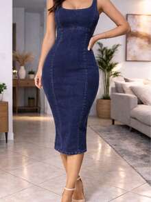 Vestido largo de mezclilla tipo lápiz - Azul Marino - Ver 1