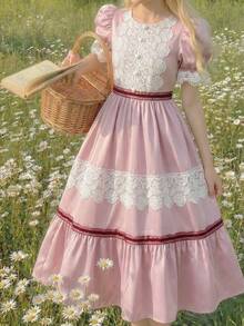 SHEIN Tween Girl Elegant Light Pink & White Color Block Ruffle Lace Trim Puff Sleeve Midi Princess Dress, Tween Girl Vintage Autumn Tea Party Dress, Partywear - Pink - View 5
