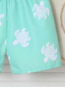 SHEIN Toddler Boys' Green Sea Turtle Pattern Cute Beach Swim Trunks - Multicolor - View 6