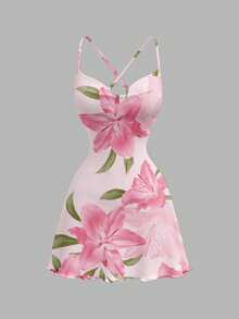 SHEIN SXY Women's Floral Print Spaghetti Strap Short Dress, Pink Floral Pattern,Summer Dress,Vacation Dress,Summer Dresses For Women - Multicolor - View 5