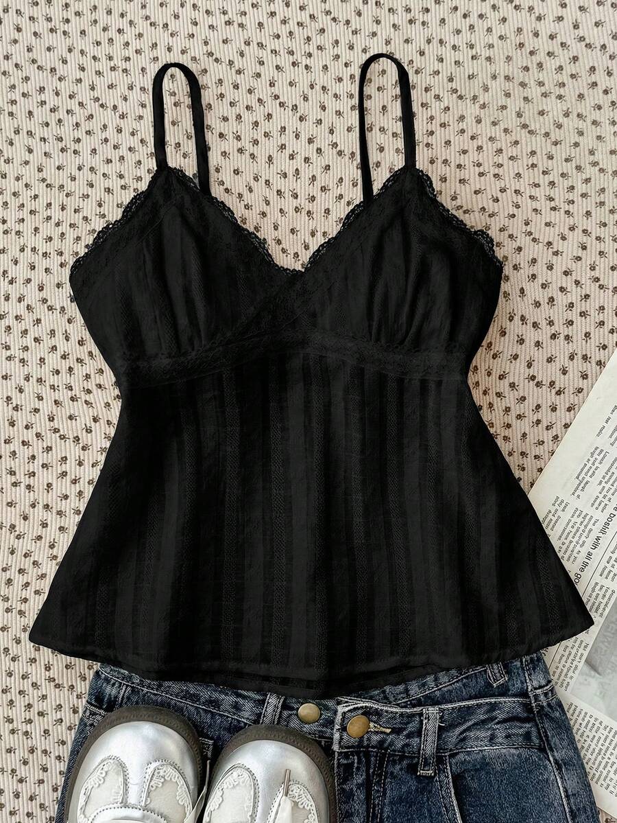 SHEIN Camiseta de encaje para niñas preadolescentes, camiseta de encaje de unicolor elegante, adecuada para verano, vacaciones, casual, hogar, estilo BM - Negro - Ver 1