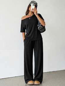 SHEIN Tall 女士夏季极简街头风基础日常穿搭外出运动舒适露肩T恤和阔腿运动裤两件套，秋季 - 黑色 - 查看 6