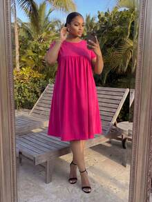 SHEIN Lady CURVE 大码纯色圆领短袖休闲连衣裙，夏季 - 玫紅色 - 查看 6