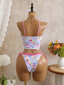 Swim Mod 2026春夏新款甜美碎花三角杯褶皱荷叶边露背吊带背心及系带三角比基尼泳裤两件套 - 彩色 - 查看 2