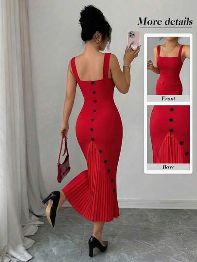 Elenzga 女士优雅方领修身开衩褶裥撞色装饰纽扣长连衣裙，适合日常穿着和办公场合。