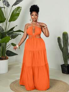 Maweii Plus Size Fashion Summer Strapless Dress - Orange - View 6