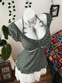 Vibekara Plus Size Women Casual Vacation Green Ditsy Floral Short Sleeve Shirt - Multicolor - View 5