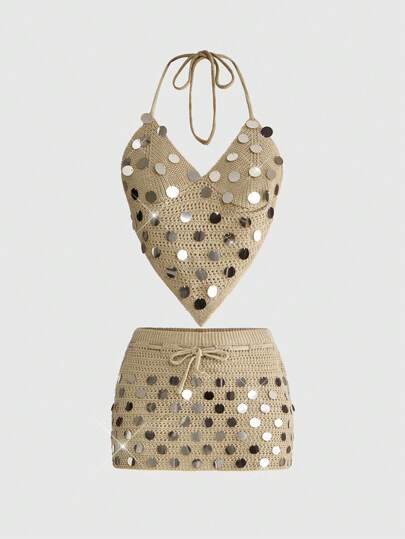 ROMWE Knitted Sexy Vacation Style Sequin Outfit For Party & Music Festival