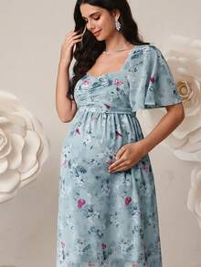 SHEIN 夏季孕妇优雅印花褶皱胸部连衣裙 - 淺藍色 - 查看 4