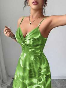 Elenzga 新款编织花卉面料细肩带可调节胸部扭结设计露背开衩下摆收腰优雅度假约会连衣裙，女士 - 薄荷綠 - 查看 4