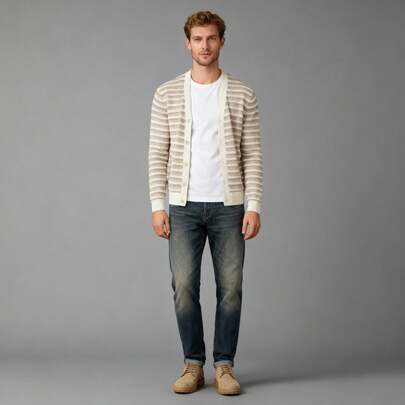 Cárdigan Suéter Hombre Rayas  Vintage Retro Elegante Casual Para salidas diario con diseño rayado es de viscosa suave, cómodo, fiesta, cotidiano cuello V