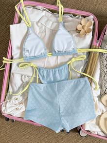 Bonvoyette Bộ đồ bơi nữ 3 món màu vàng, vải, màu xanh dương, kiểu buộc dây bên hông, cổ yếm. - Màu xanh lam - Xem 2