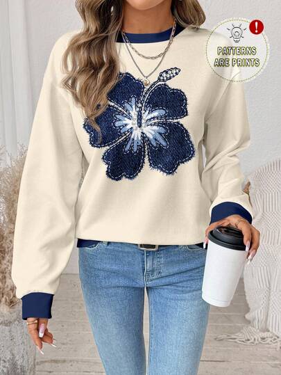 Attitoon 休闲简约日常百搭基础款仿牛仔印花图案卫衣，适合海滩、度假、女士夏季穿着，宽松圆领长袖