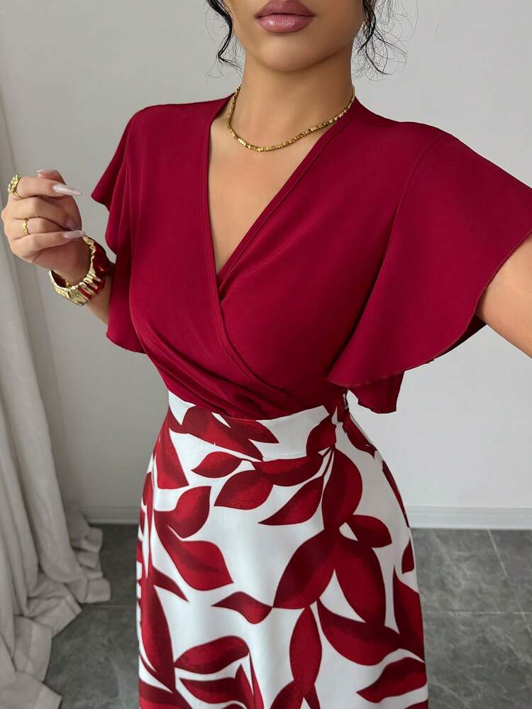 Elenzga Vestido ajustado y acampanado con volantes y mangas de capa, con estampado de hojas de color rojo burdeos, para primavera/verano - Multicolor - Añade 4