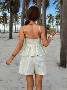 Muchica 新款编织黄色条纹休闲度假套装，女士夏季服装，女士海滩度假套装，两件套夏季套装，两件套度假套装，短款两件套套装，亚麻两件套套装，条纹两件套套装，夏季两件套套装，夏季性感连衣裙，女士度假连衣裙，条纹连衣裙，希腊度假套装，贝壳上衣，女士度假套装，女士夏季服装，女士夏季套装，女士夏季上衣，夏季休闲上衣 - 黃色 - 查看 2