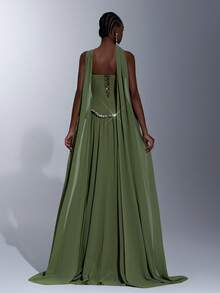 Elitara 优雅橄榄绿无肩带不对称领口奢华水钻链条腰部褶皱A字型长裙（含可拆卸挂脖），适合约会、度假、单身派对、婚礼及所有正式场合，女士晚礼服 - 橄欖綠 - 查看 4