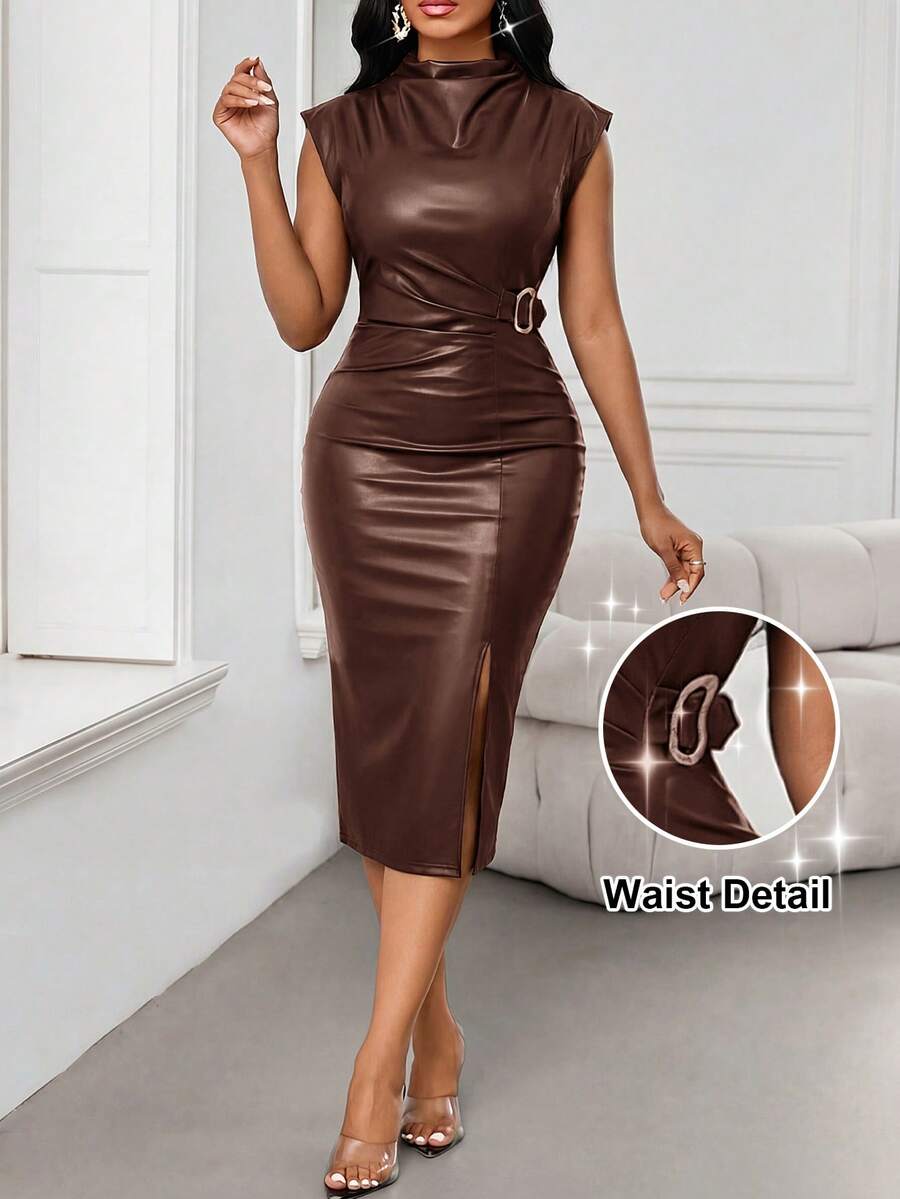 SHEIN Lady 女士夏季时尚纯色开衩修身中长连衣裙 - 咖啡棕 - 查看 1