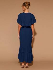 COSMINA Women's Elegant Ruffle Hem Long Sleeve Round Neck Dress, Suitable For Dates, Parties, All Seasons - Navy Blue - View 2