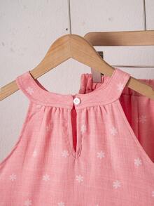 SHEIN Tween Girls' Blue Vacation Style Comfortable Halter Neck Shirt + Pants Set, Embroidery & Placement Print Bohemian Style, Suitable For Beach Holiday - Pink - View 5